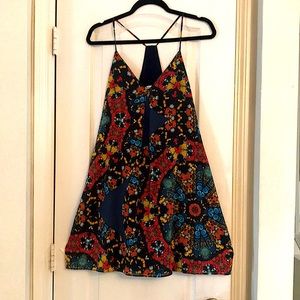 Alice +Olivia multi color patterned silk dress lined in midnight blue. Worn once